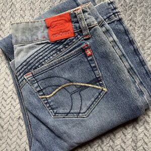 Vintage Ecko Red Flared Jeans Women's 7‎ Light Denim Low Rise Embroidered Worn